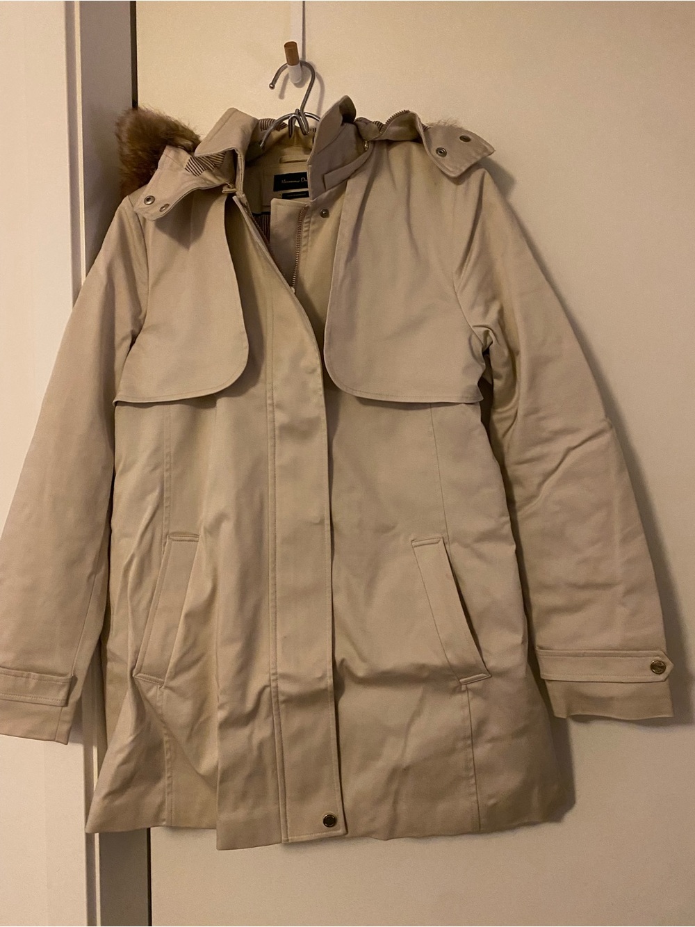 Massimo Dutti - Women's Khaki Hooded Winter Coat with Faux Fur Trim